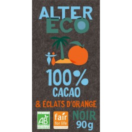 ALTER ECO Chocolat noir 100% cacao éclat d'orange la tablette de 90g