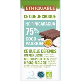 ETHIQUABLE Tablette De Chocolat Noir 75% Coco Passion Nicaragua Bio la tablette de 100g