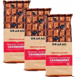 NC Lot 3x Chocolat Lait Amandes, Noisettes, Cranberries Okakao Tablette 180g les 3 unités de 0.18Kg